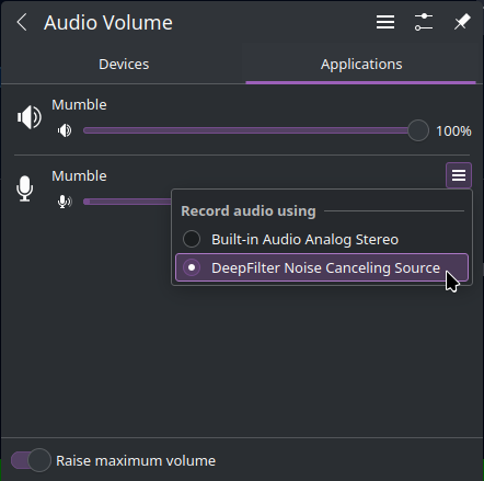 Selecting the filtered input device for Mumble in KDE